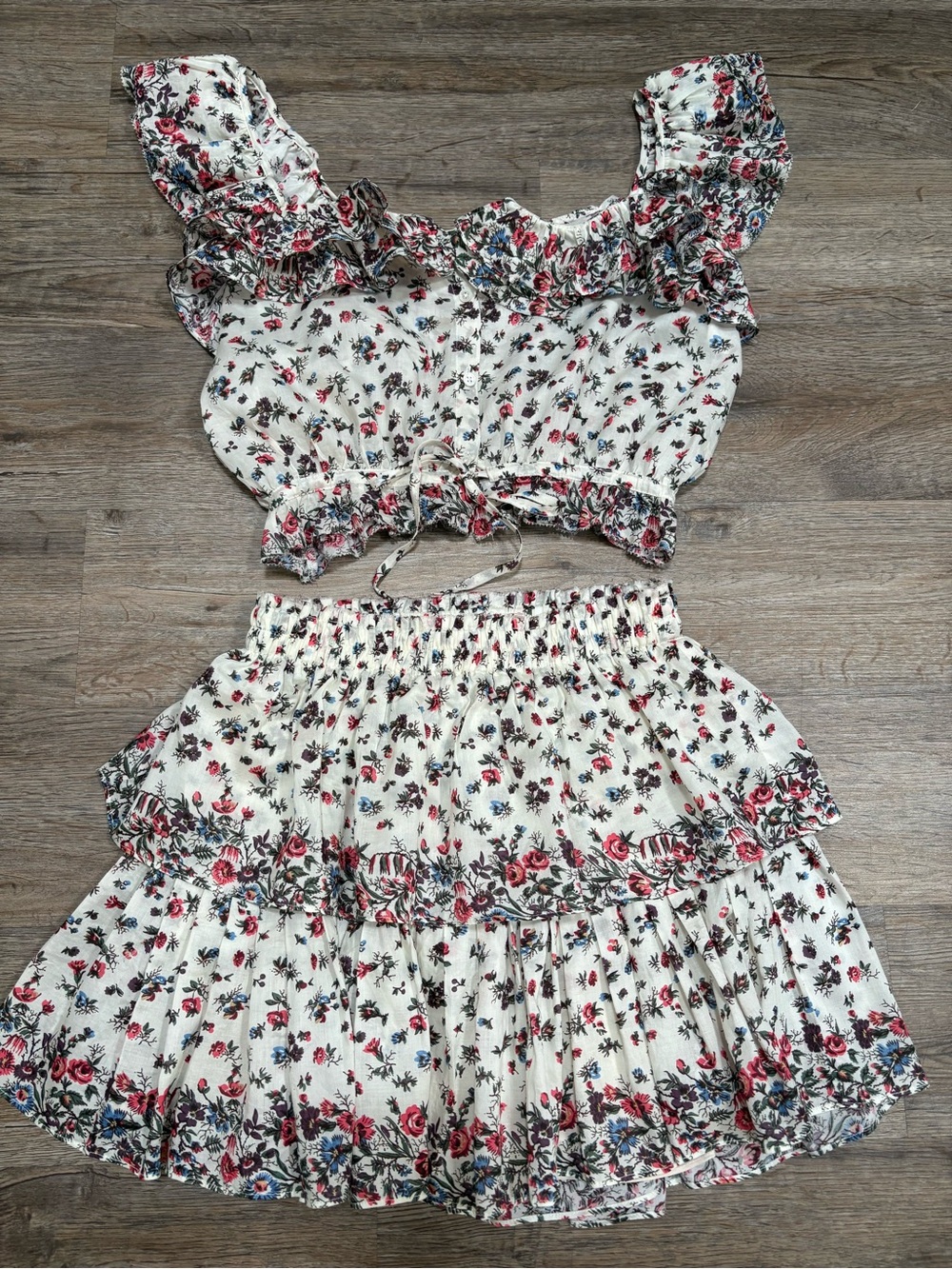 LoveShackFancy Cream Floral Ruffle Crop Top